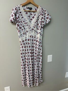 J. Crew White Dress with Burgundy Floral Print and Lace Trim